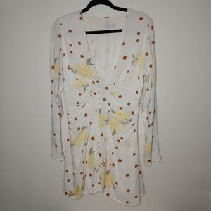 Free People Polka Dot Floral Mini Dress Ruched Button Front Long Sleeve M